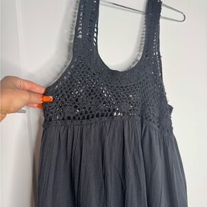 La Blanca Black Smocked Pleated Sundress Crotchet Swim Cover Cotton